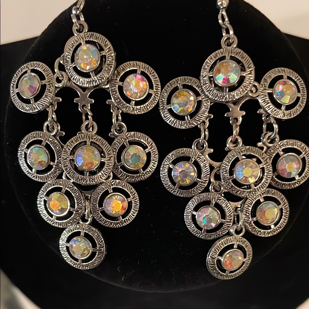 Stunning Silver & Iridescent Crystal
 Chandelier Earrings